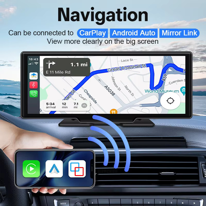 Hippcron Tragbares Autoradio mit 10,26 Zoll 4K Dash Cam, Drahtloses CarPlay und Android Auto, IPS Touchscreen, Bluetooth und Dual Lens, Schwarz - Bild 3