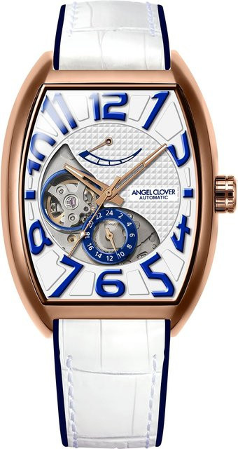 Angel Clover Automatik Skelett Tonneau Herrenuhr, Edelstahl, Lederarmband, Weiß - Bild 1