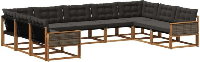 vidaXL Outdoor-Sofagarnitur L-Form aus massivem Akazienholz mit 9 Kissen in Schwarz und Natur - Bild 1