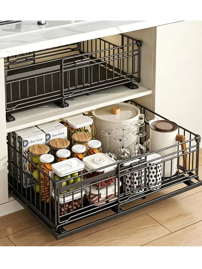 HGTUGO Ausziehbares Küchenregal in Schwarz aus Metall als Schrank-Organizer für Teller, Schüsseln und Gewürzgläser - Bild 1