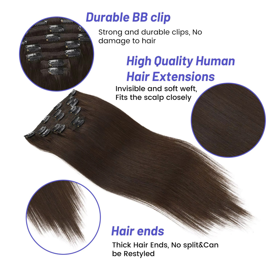 JIAMEISI Echthaarverlängerungen zum Anklipsen, Remy-Haar, 50,8 cm, dunkelbraun - Bild 4