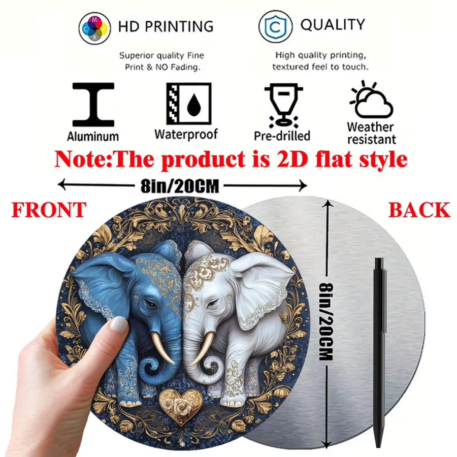 Potdemiel Vintage Elefanten-Paar Wandkunst aus Metall, rundes Aluminiumschild in Multicolour, Durchmesser: 20,3 cm - Bild 2