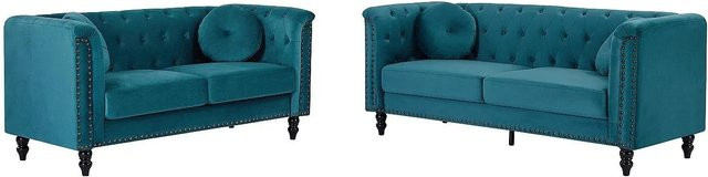 Couchgarnitur Turner Vente-unique in Blaugrün aus Samt, 3+2 Sitzelemente, Breite: 190 cm, Tiefe: 163 cm - Bild 1