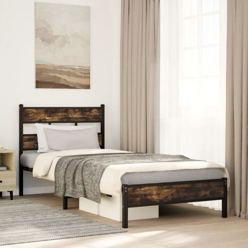 Vidaxl Metallbett im Industrial Design aus Stahl und Holzwerkstoff in Braun, B/T/H: 100 x 190 x 91,5 cm - Bild 1