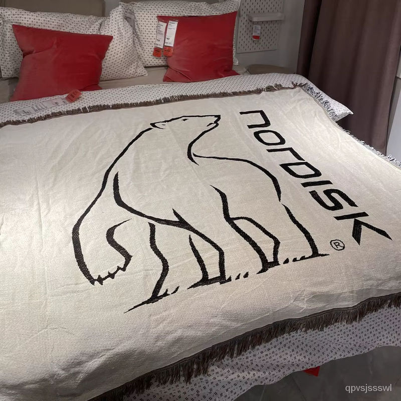 Nordisk Textildecke mit Weißem Bär und Quaste für Camping, Picknick oder als Home Dekoration, Farbe: Weiß, B/B/H: 160 x 130 x 1 cm - Bild 3