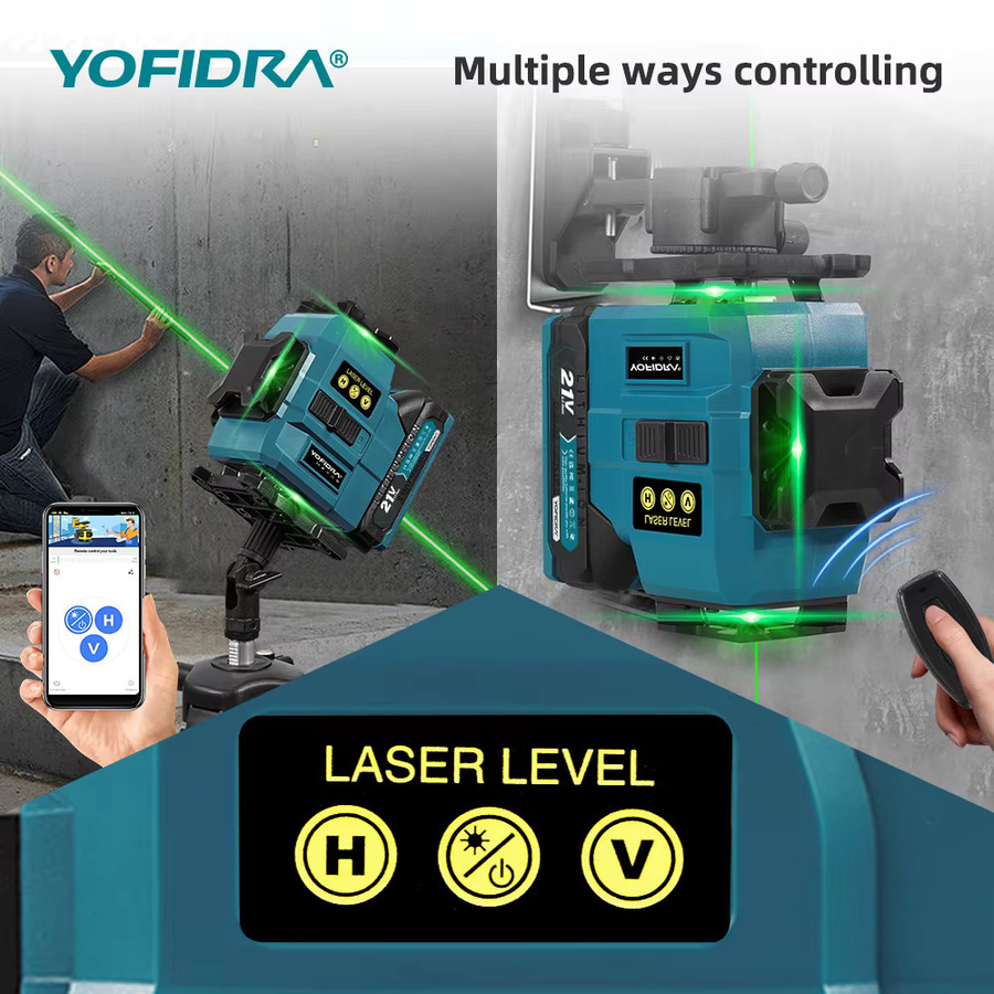 YOFIDRA 4D 16-Linien-Laser-Nivelliergerät mit 360 Grad horizontaler und vertikaler Nivellierung in Blau inklusive 1 m Stativ und Kompatibilität für Makita 21 V Akku-Pins - Bild 5