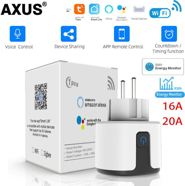 AXUS Smart-Steckdose mit Stromüberwachung, EU WiFi Steckdose kompatibel mit Tuya Smart Life, Alexa und Google Home, Timer-Funktion, Weiß - Bild 1