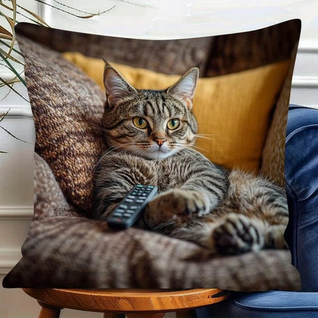 Moderner quadratischer Kissenbezug mit Katzen-Motiv und Reißverschluss in Braun, Breite: 45 cm, Breite: 45 cm - Bild 1