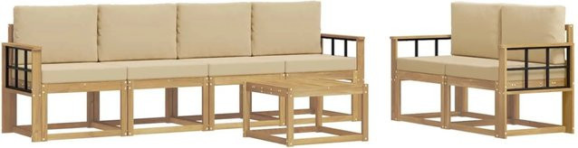 vidaXL Outdoor-Sofagarnitur aus Akazienholz in L-Form mit Kissen und Couchtisch, 7-teiliges Set in Weiß, Beige und Braun - Bild 1