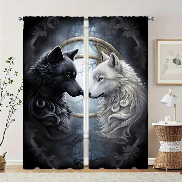 2er-Set halbtransparente Vorhänge mit Wolfsmuster von Household supplies MH, modern, mehrfarbig, B: 50 cm, H: 160 cm - Bild 1