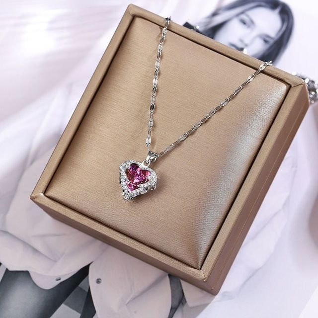 Wucifang Jewelry Halskette, Herz Anhänger, Edelstahl, Silber, Zirkonia, Kristall, Damen - Bild 1