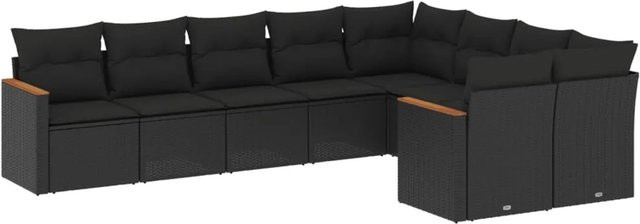 vidaXL 9-tlg Garten-Sofagarnitur in L-Form aus Polyrattan und Akazienholz mit Kissen in Schwarz - Bild 1