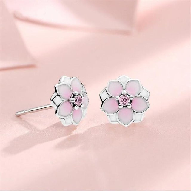 Ohrstecker 925 Sterlingsilber, Magnolienblüte, Rosa Kristall - Bild 1
