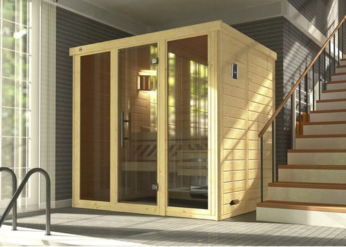 WEKA Massivholzelementsauna Kemi Panorama 2 in Braun mit Glastür und Fenster sowie 7,5 kW BioSauna-Heizung, B/H/T: 211 x 200 x 169 cm - Bild 3