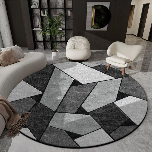 Karpetti Geometrischer Rundteppich in Grau, Weicher Plüschteppich für Wohnzimmer und Schlafzimmer, Rutschfest und Waschbar, Durchmesser: 180 cm - Bild 1