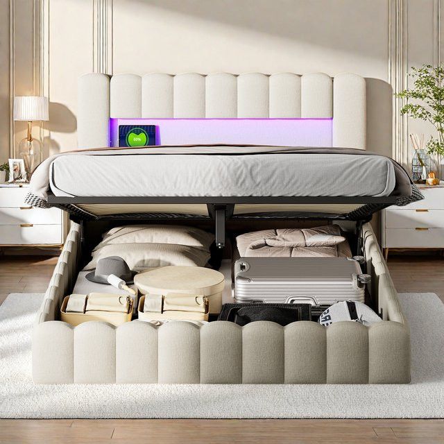 Rosahqnda Doppelbettgestell Polsterbett aus Leinen mit USB und LED in Beige und Grau, B/T/H: 180 x 200 cm - Bild 1