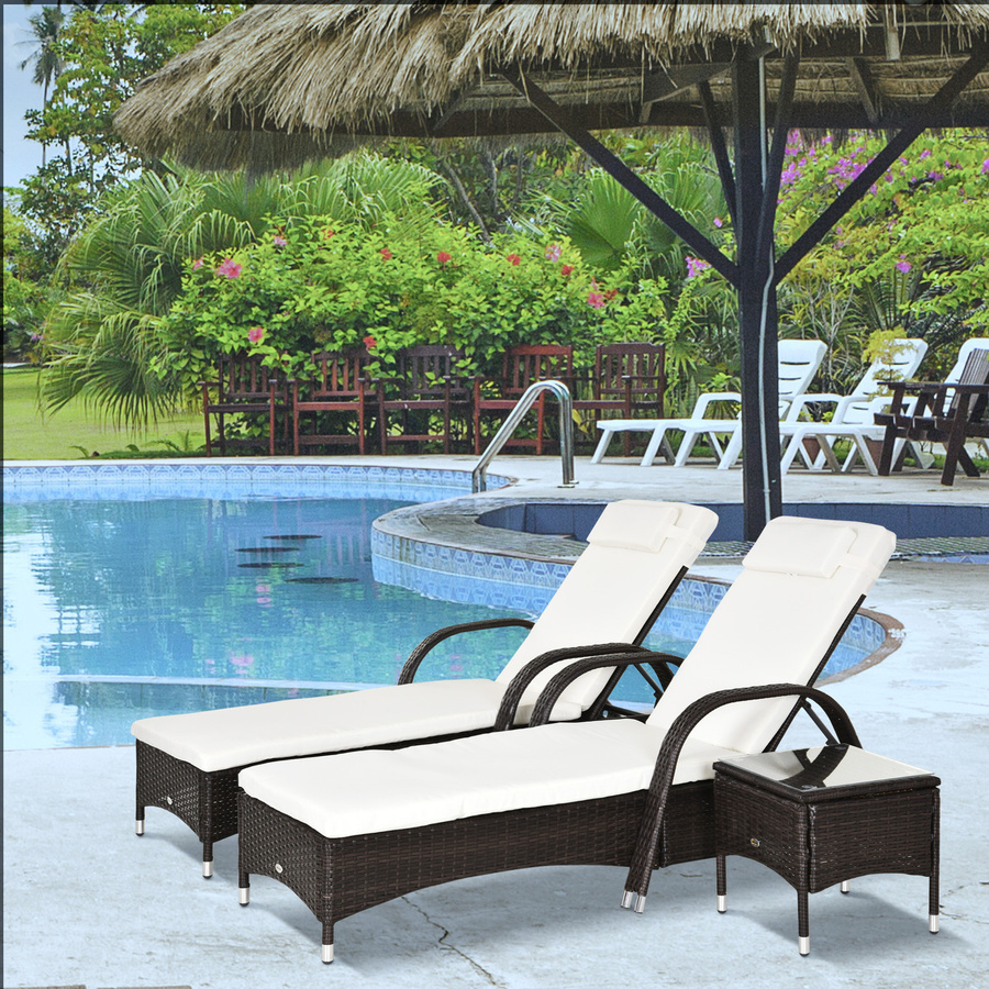 Outsunny Gartenmöbel 3er-Set aus Polyrattan und Metall mit Sonnenliegen und Tisch in Braun und Cremeweiß - Bild 2