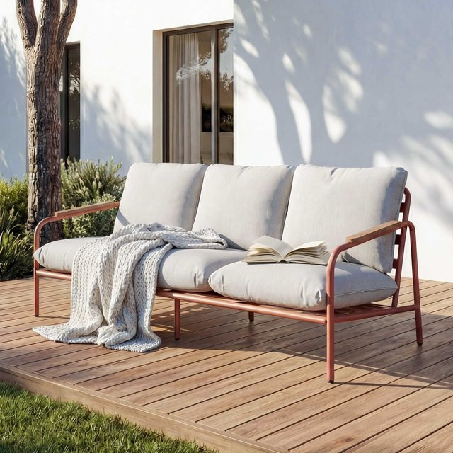 MCW Aluminium-Gartenbank O11 Outdoor 3-Sitzer Sofa mit Olefin-Stoff in Terrakotta und beigen Polstern, Breite: 184 cm - Bild 1