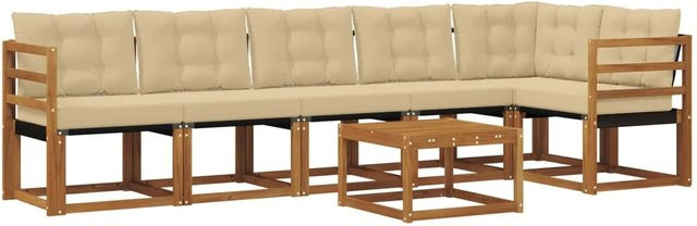 vidaXL Outdoor-Sofagarnitur 7-teilig aus Akazienholz und Textilene in Natur-Beige mit Kissen und Armlehnen - Bild 1