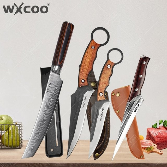 WXCOO Damaszener Stahl Küchenmesser-Set mit Scheide, handgeschmiedete scharfe Kochmesser, Metzgermesser, Fleischbeil, Ausbeinmesser und BBQ-Schneider - Bild 1