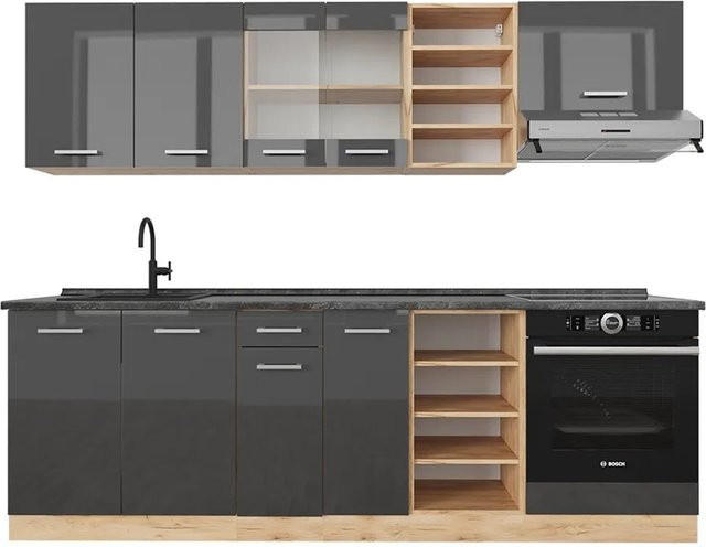 Vicco R-Line Küchenzeile Anthrazit Hochglanz und Goldkraft Eiche, Breite: 240 cm - Bild 1