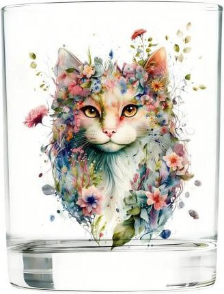 Künstlerischer Glasbecher mit süßem Katzen- und Blumenmotiv in Transparent für Kaffee, Tee oder Whiskey - Bild 1