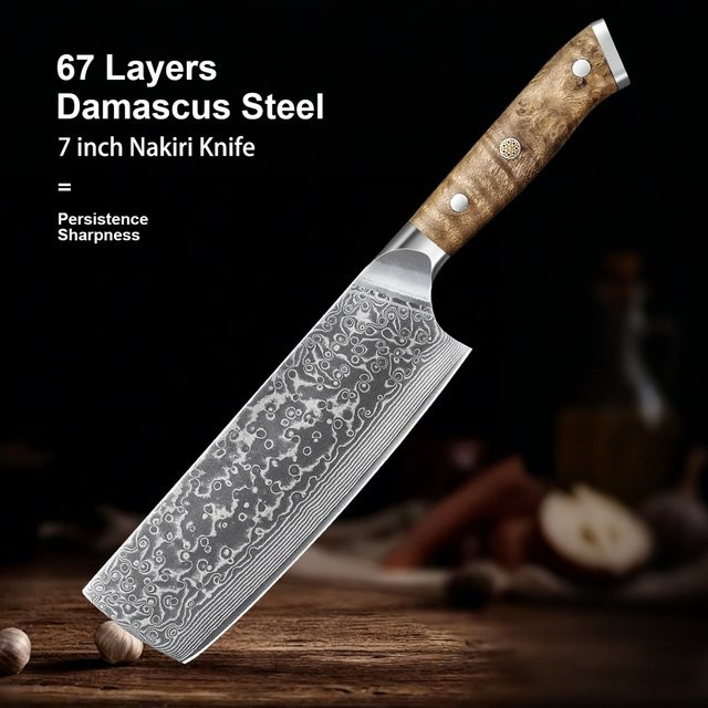 Baovim Nakiri-Küchenmesser aus Damaststahl mit 67 Lagen und Naturholzgriff, 7 Zoll - Bild 1