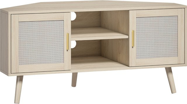 HOMCOM TV-Eckmöbel in Eiche mit Rattan-Türen und Kiefernholz-Beinen im Boho-Stil, Breite: 115 cm - Bild 1