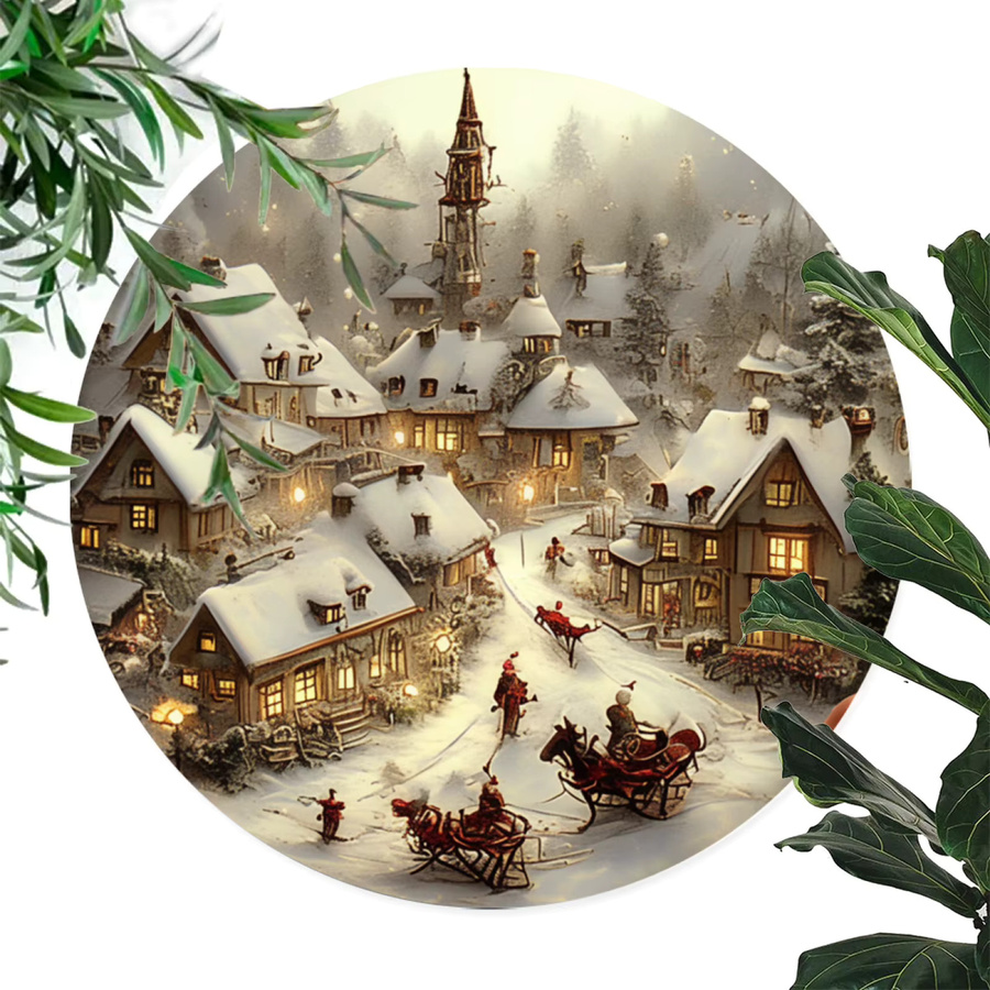 Potdemiel Rundes Metallschild Vintage Weihnachtspferd und Winterlandschaft, Durchmesser: 20 cm, Mehrfarbig - Bild 3