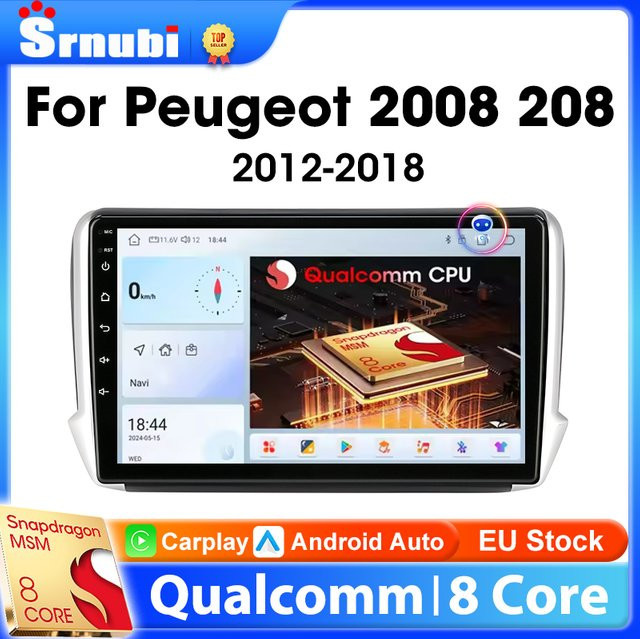 srnubi Drahtloses CarPlay Autoradio für Peugeot 2008 208 2012–2018, Multimedia-Video-Player mit Stereo-Navigation und DVD-Kopfeinheit, Schwarz - Bild 1