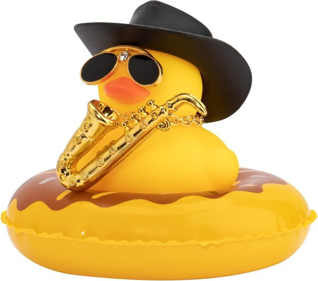 Binchi Gummi-Ente als Armaturenbrett Dekoration für dein Auto mit Mini-Hut, Schwimmring, Halskette und Sonnenbrille in Gelb - Bild 1
