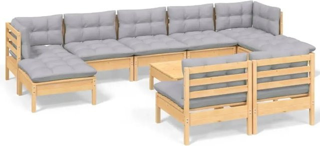 vidaXL 10-teiliges Garten-Lounge-Set aus massivem Kiefernholz mit grauen Kissen - Bild 1
