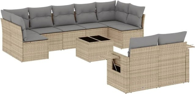 vidaXL 10-tlg. Garten-Sofagarnitur in L-Form aus Poly-Rattan in Beige-Grau mit UV-beständigen Kissen und Metallrahmen - Bild 1