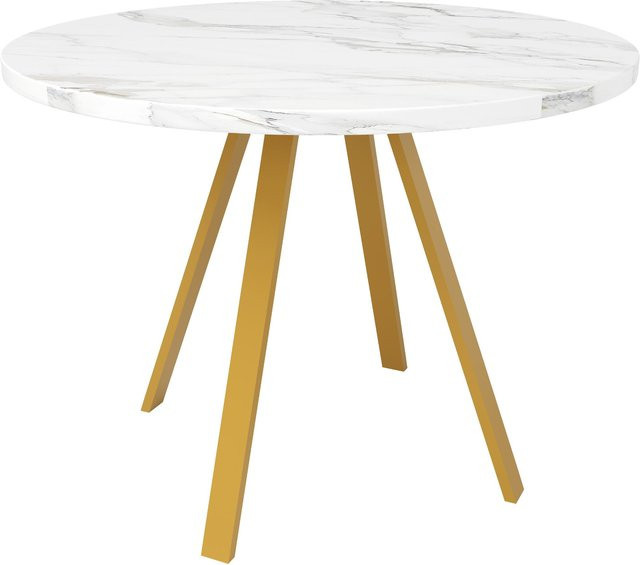 Runder Esstisch FC in Weiß und Gold mit modernem Abstract-Design, Durchmesser: 80 cm, Höhe: 75 cm - Bild 1