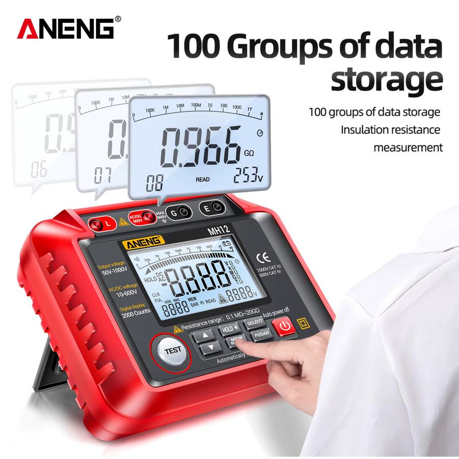 ANENG MH12 Digitales Megohmmeter Isolationsprüfgerät mit AC/DC Spannungsmessung in Rot - Bild 2