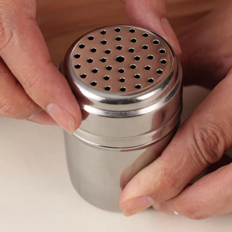 Mehrzweck-Gewürzglas aus Edelstahl in Silber mit drehbarer Abdeckung für Salz, Zucker und Pfeffer - Bild 2