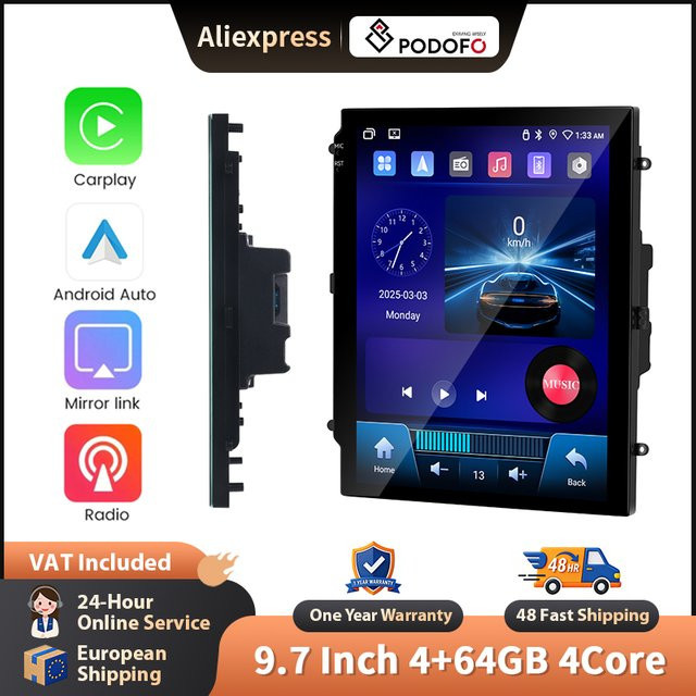 Podofo 9,7 Zoll Autoradio mit kabellosem CarPlay und Android Auto, 2-DIN Multimedia-Stereo in Schwarz mit GPS, WIFI, Bluetooth und Mirrorlink - Bild 1