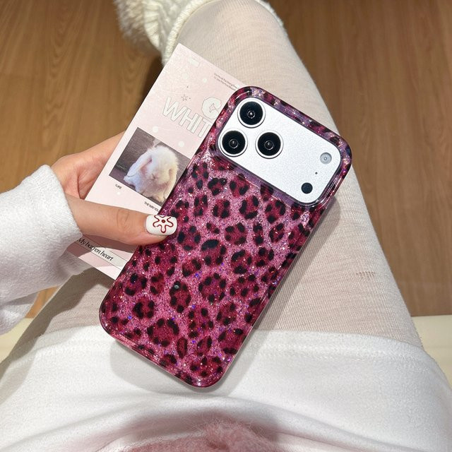 Apple iPhone Schutzhülle mit Glitzer-Rose und Leopardenmuster in Rot, Schwarz und Pink, stoßfest für iPhone 17, 16, 15, 14 und 13 Pro Max - Bild 1