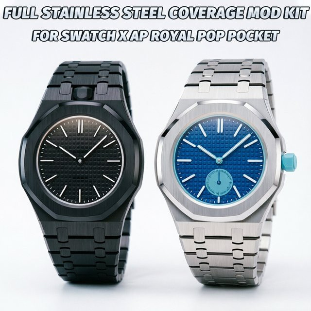 Soul Cool Full-Coverage-Mod-Kit für Swatch X AP Royal POP Pocket Changer, Edelstahlgehäuse, Kautschuk- und Stahlarmband, Silber, Unisex - Bild 1