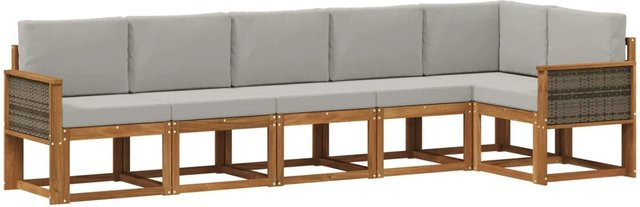 vidaXL Outdoor-Sofagarnitur in L-Form aus Akazienholz mit grauen Polstern aus Polyester, 6-teiliges Set - Bild 1
