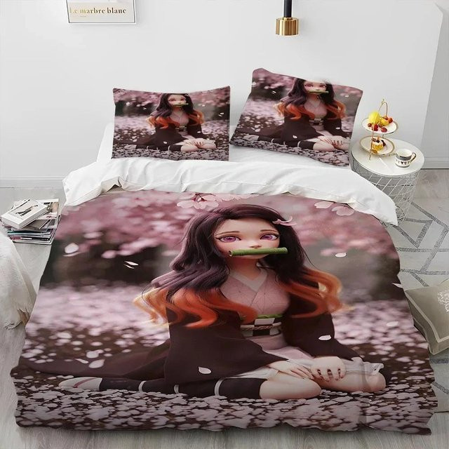 3-teiliges Demon Slayer Anime Bettwäsche-Set aus atmungsaktiver Baumwollmischung, King-Größe, B/H: 245 x 210 cm, Mehrfarbig - Bild 1