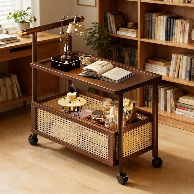 LIUSHADUOLA Mobiler Beistelltisch in Antik-Optik mit Rattan und Rollen, braun, Rechteckig, B/T/H: 70 x 50 cm - Bild 1