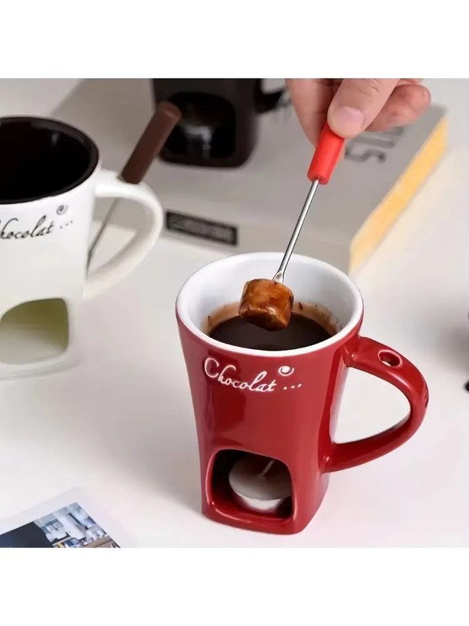 XMSJ Schokoladen-Fondue-Set aus Keramik in Rot inklusive Gabeln und Kerze - Bild 7