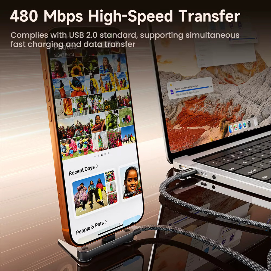 Toocki 240W USB-C Kabel mit integriertem klappbarem Desktop-Telefonhalter in Schwarz - Bild 3