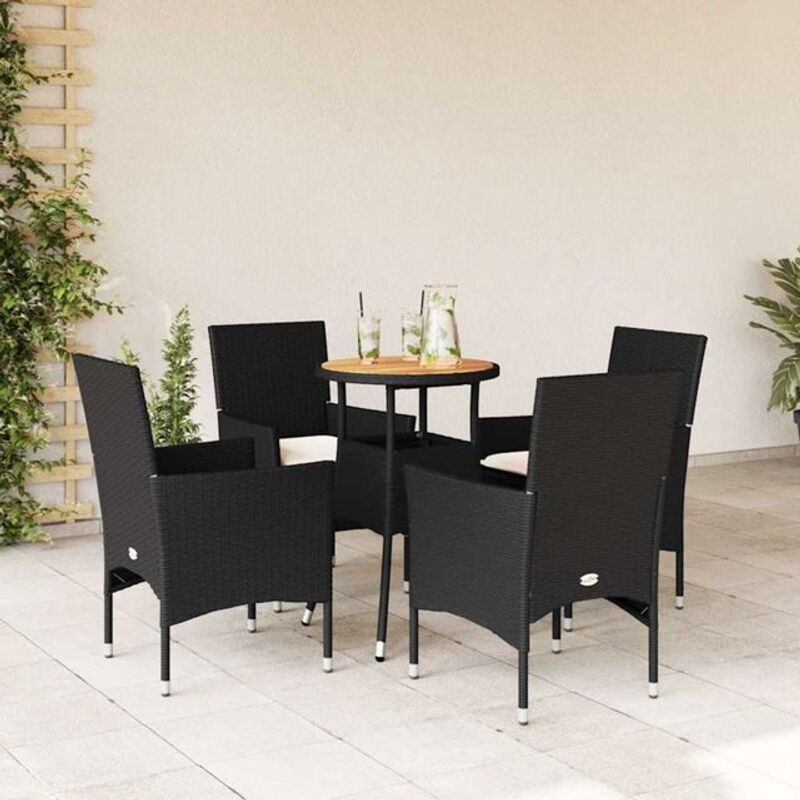 5-tlg. Garten-Essgruppe aus Poly-Rattan und Akazienholz mit Kissen in Schwarz von vidaxl - Bild 1