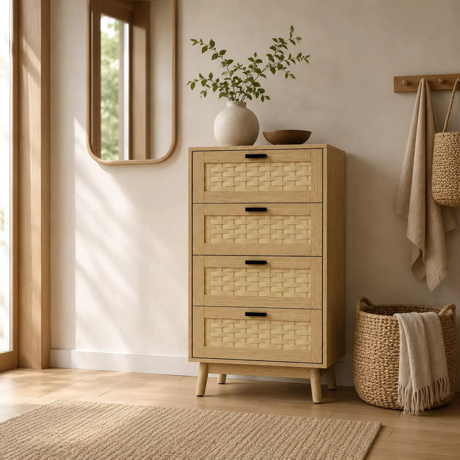 HYNHXBP Vier-Schubladen-Kommode aus Holz mit Rattan-Optik und Gummibaumholzbeinen in Beige - Bild 5