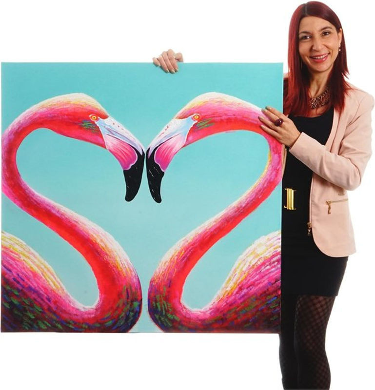 Handgemaltes Ölgemälde Flamingo von MCW, mehrfarbiges Wandbild quadratisch, B/H: 90 x 90 cm - Bild 1