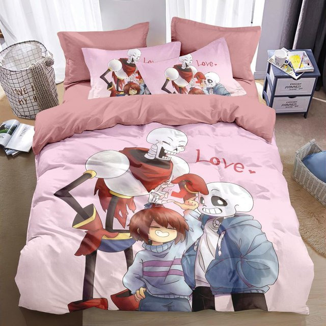 Flylo Undertale Bettwäsche-Set mit Sans und Frisk Motiv, 2-teilig aus Mikrofaser, Farbe: Pink, B/T: 135 x 100 cm - Bild 1