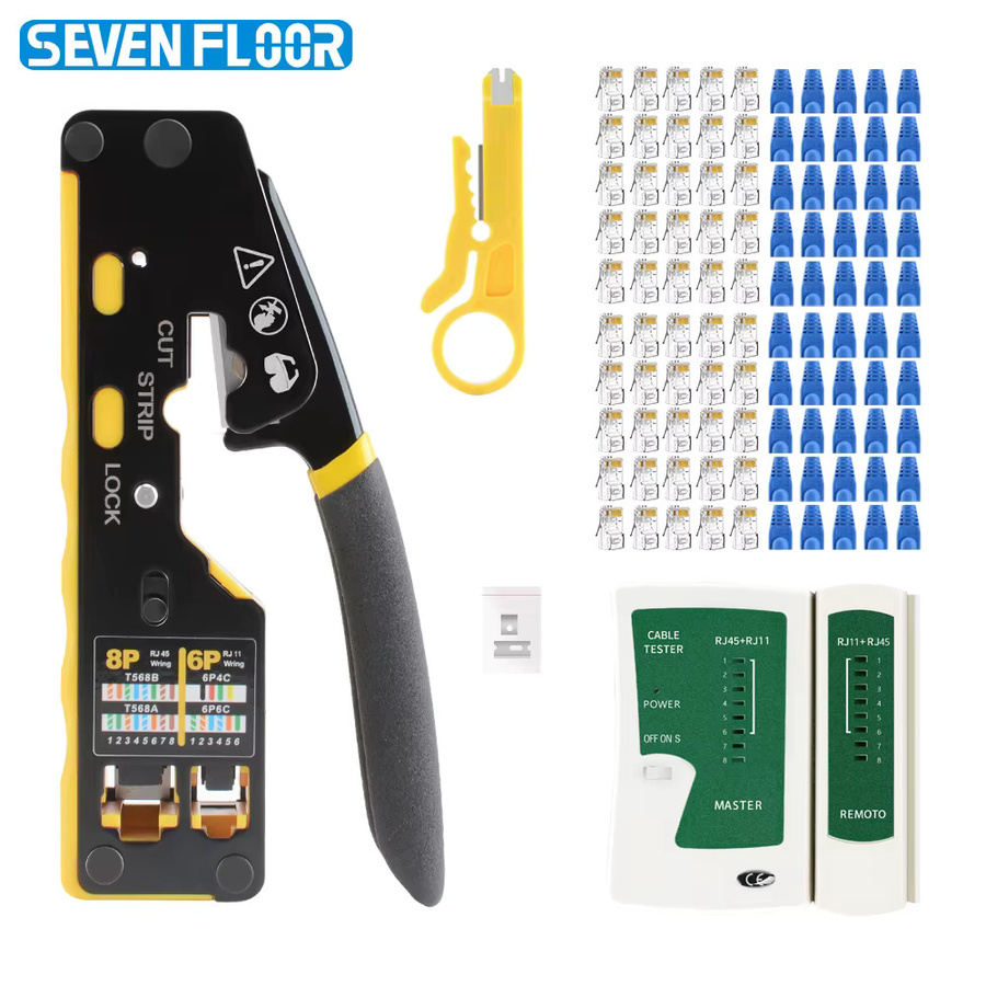RJ45 Crimpwerkzeug-Set für CAT6 CAT5E CAT5 mit Durchgangs-Crimper, Kabeltester, Abisolierzange, 50 Steckverbinder und Schutzkappen für Ethernet/LAN - Bild 2