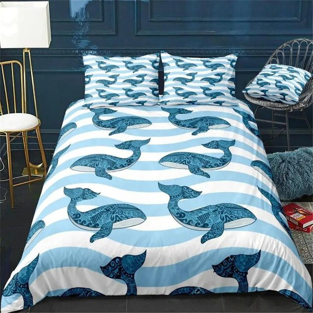 Binchi Fitness Bettwäsche-Set mit Blauwal-Motiv in Blau, Mikrofaser-Bettbezug und Kissenbezüge, gestreiftes Design für Kinder und Jugendliche, B/T: 70 x 133 cm - Bild 1